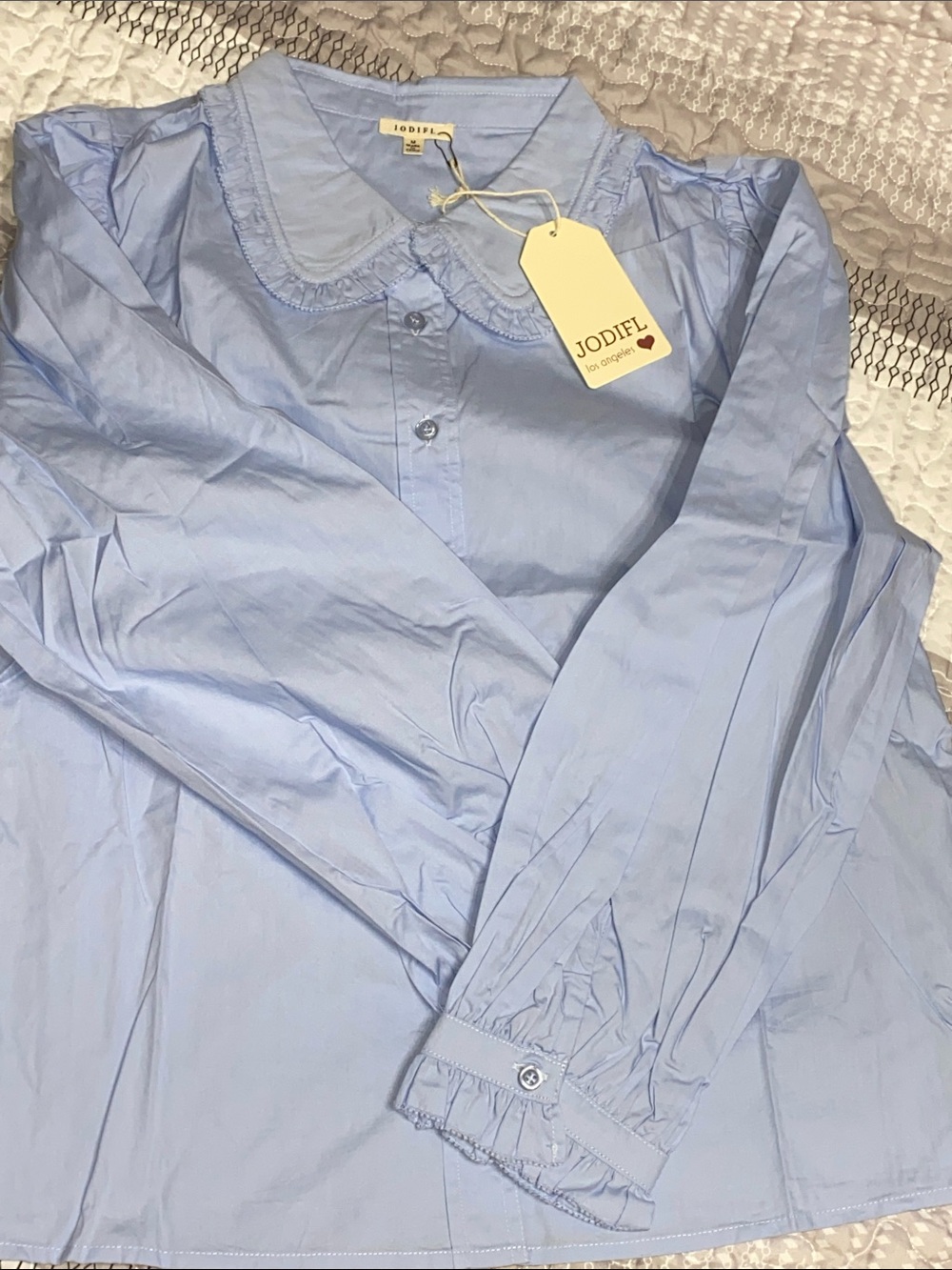 JODIFL Ruffled Peter Pan Collar Full button down! Color:Chambray/ Light Blue - Picture 8 of 10